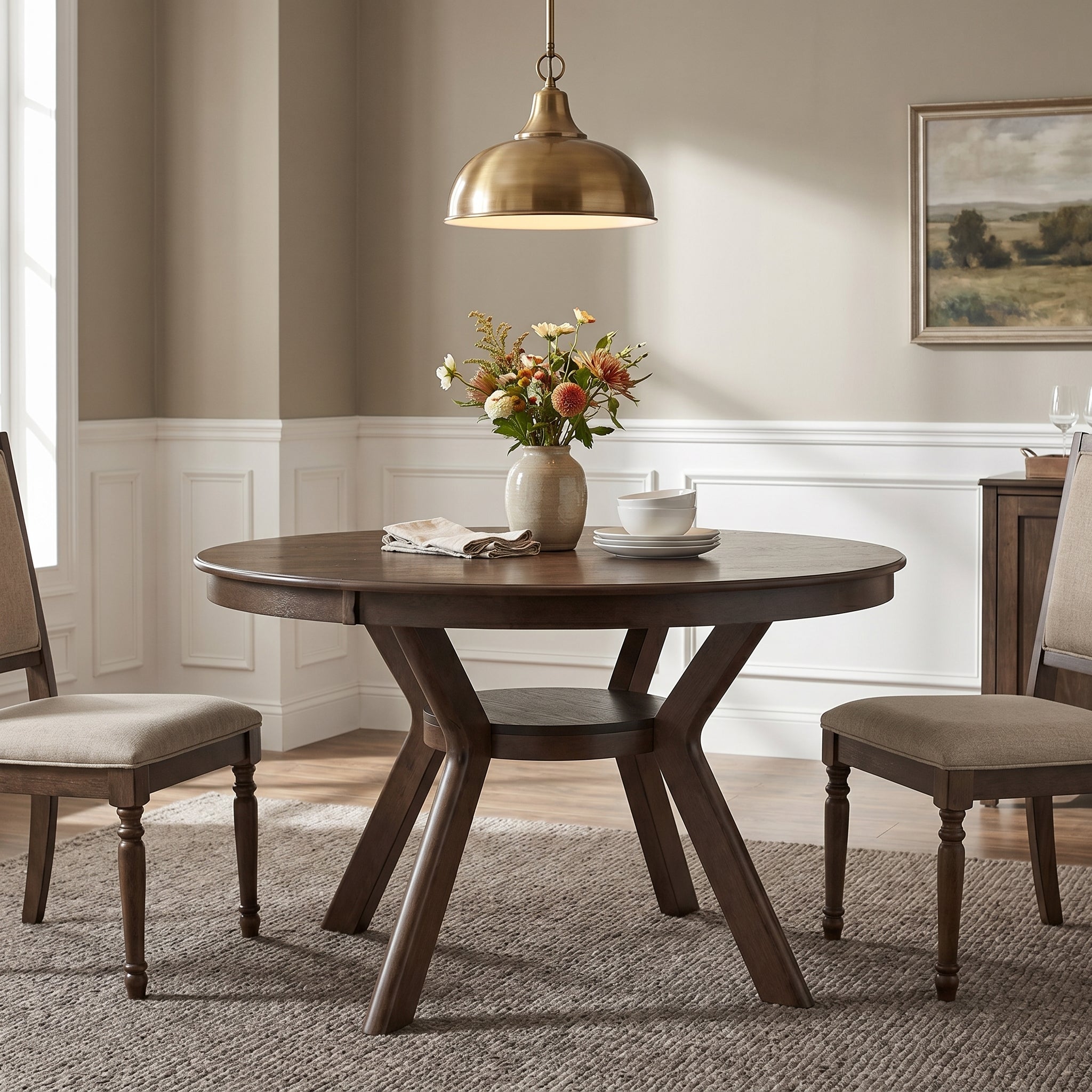 Rainier oak dining table showing a warm dining area with floral centerpiece
