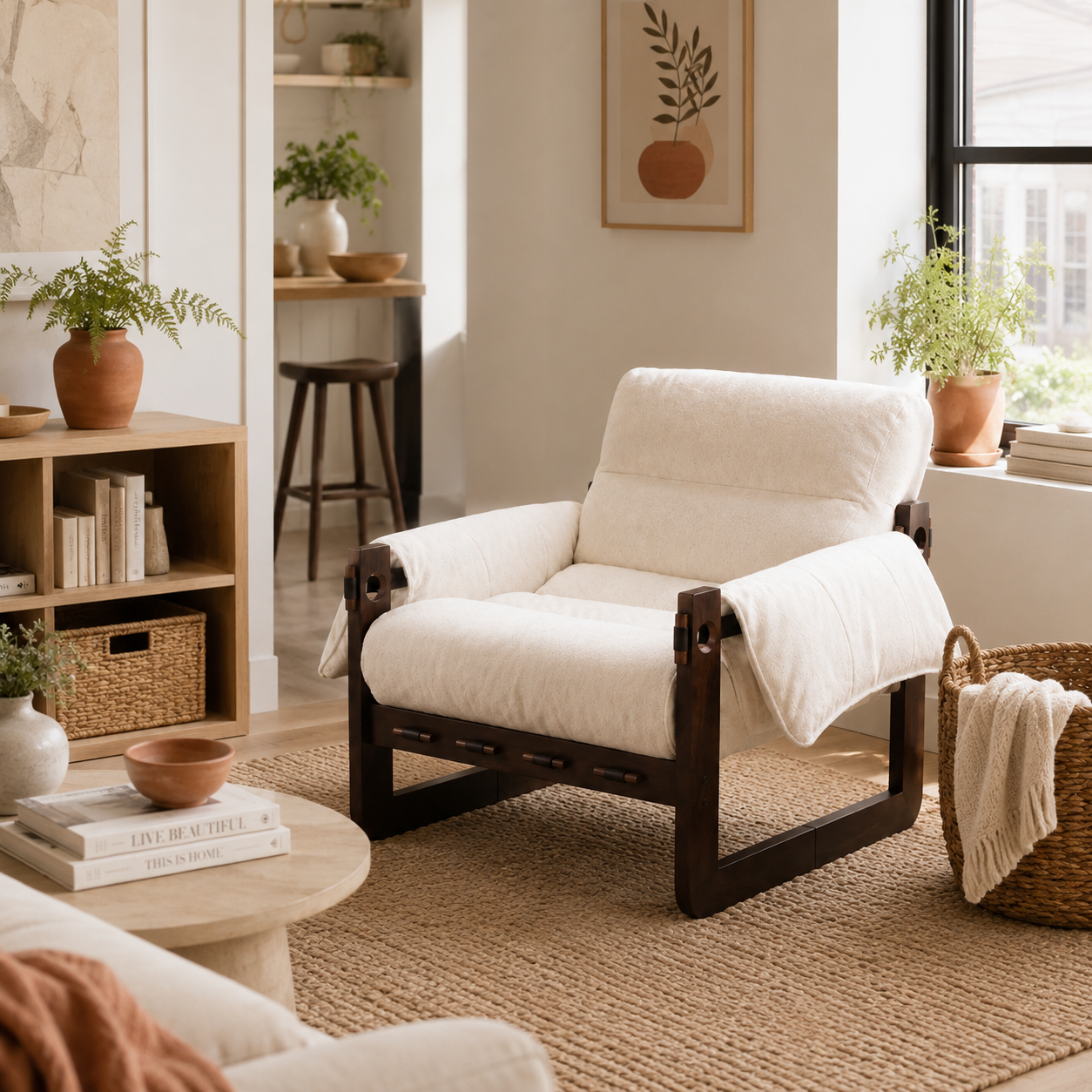 Ravena Chenille Modern Rustic Rubberwood Lounge Chair with Removable Armrests