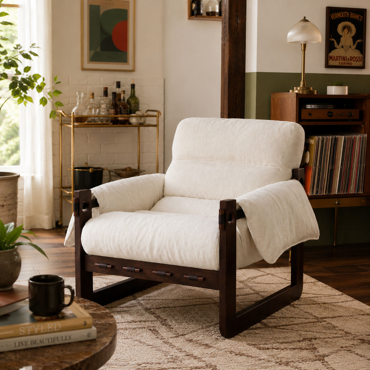 Ravena Chenille Modern Rustic Rubberwood Lounge Chair with Removable Armrests