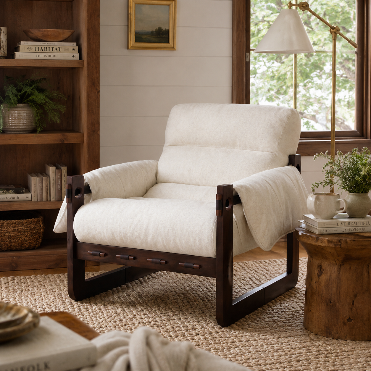 Ravena Chenille Modern Rustic Rubberwood Lounge Chair with Removable Armrests