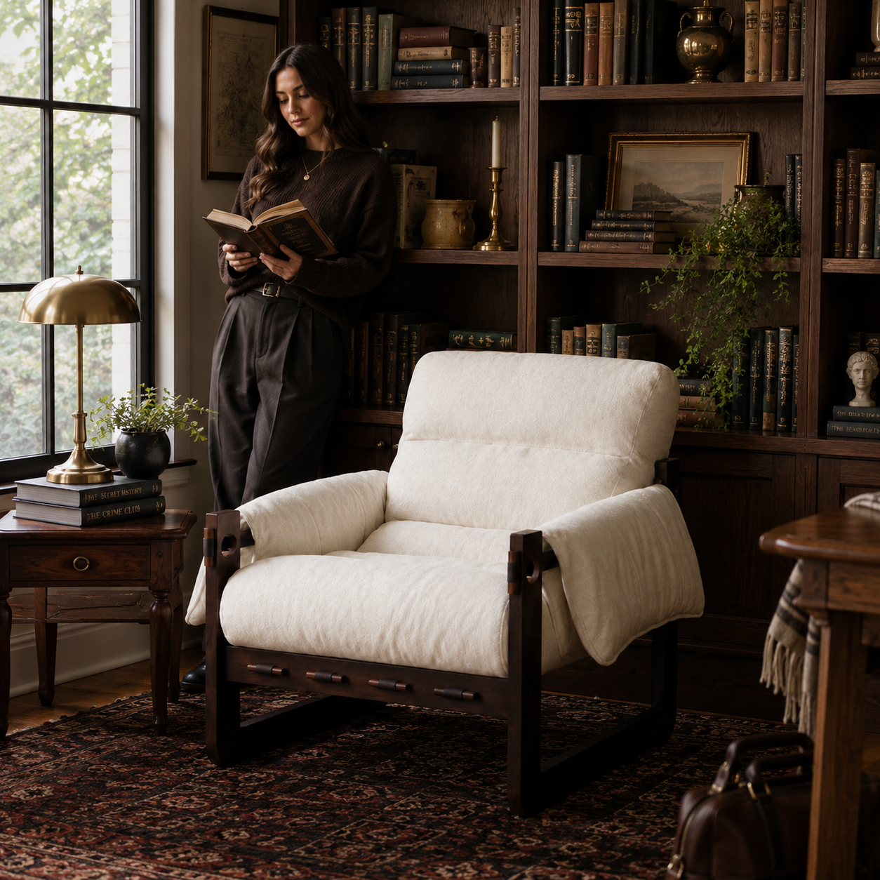 Ravena Chenille Modern Rustic Rubberwood Lounge Chair with Removable Armrests