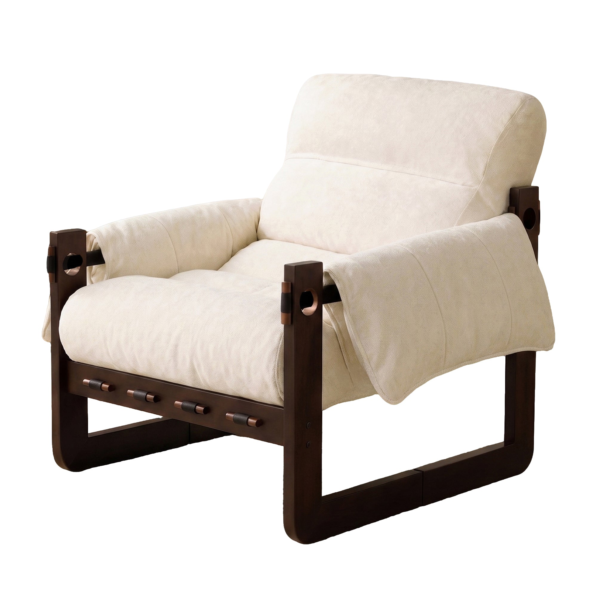 Ravena Chenille Modern Rustic Rubberwood Lounge Chair with Removable Armrests