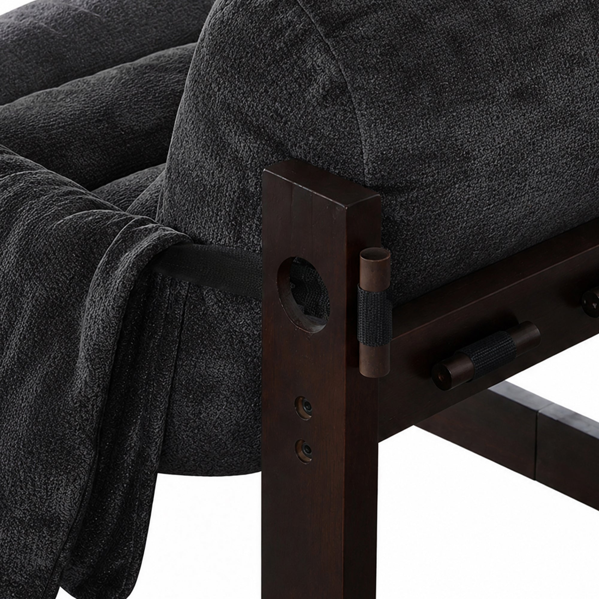 Ravena Chenille Modern Rustic Rubberwood Lounge Chair with Removable Armrests