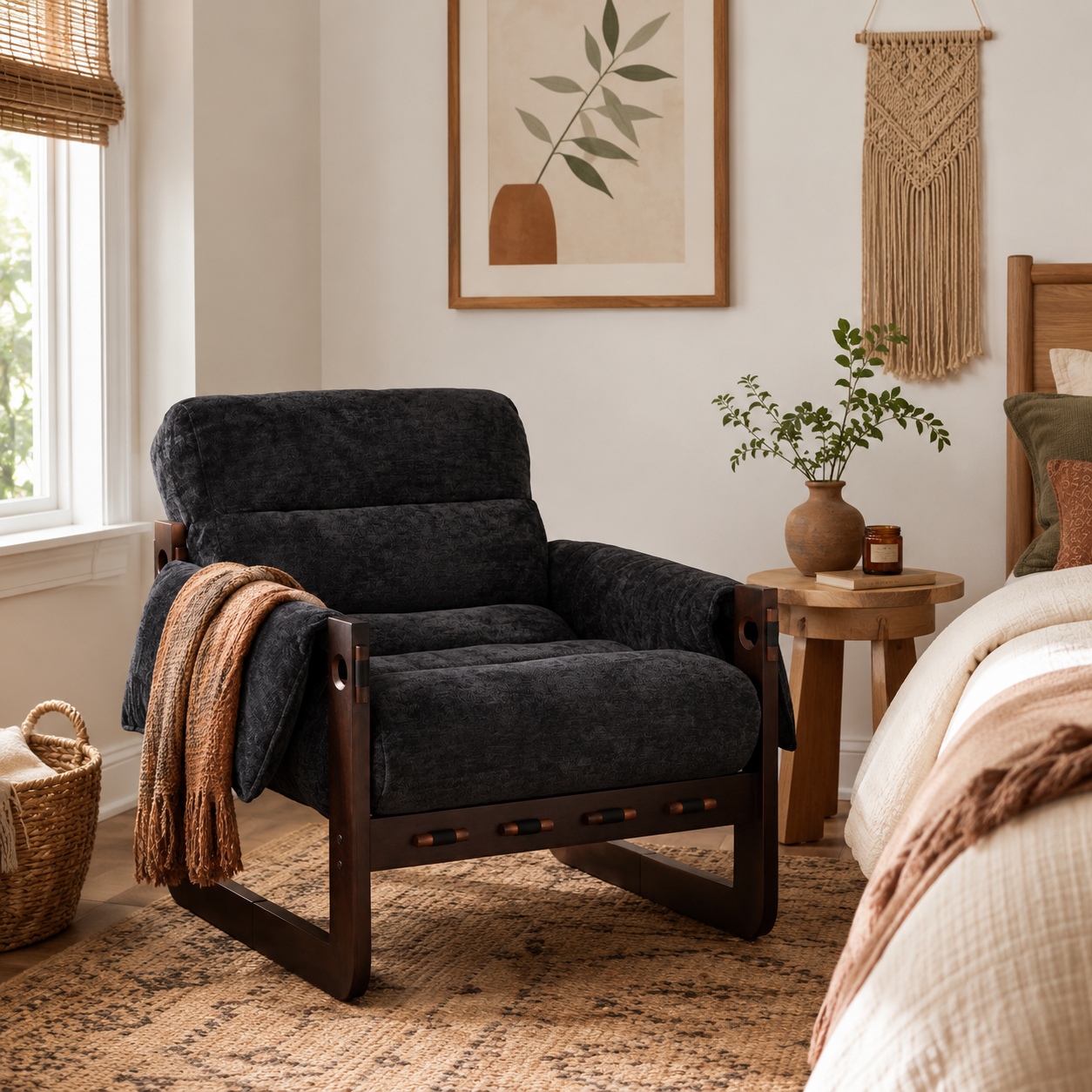 Ravena Chenille Modern Rustic Rubberwood Lounge Chair with Removable Armrests