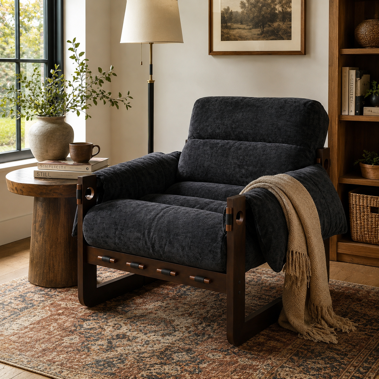 Ravena Chenille Modern Rustic Rubberwood Lounge Chair with Removable Armrests