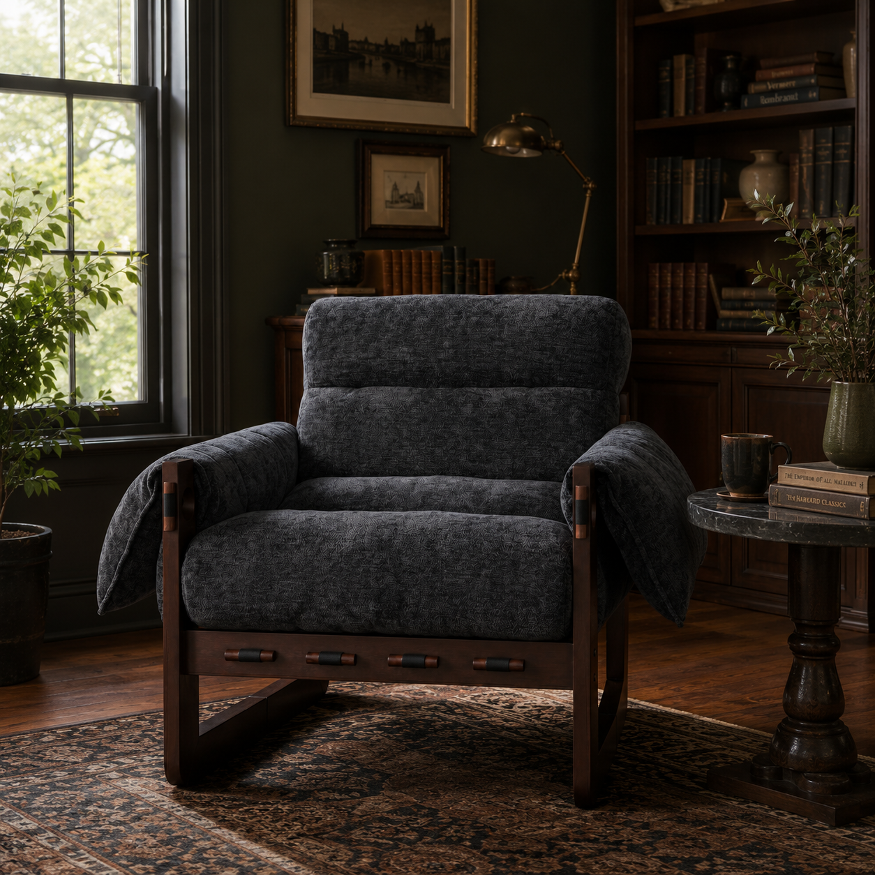Ravena Chenille Modern Rustic Rubberwood Lounge Chair with Removable Armrests