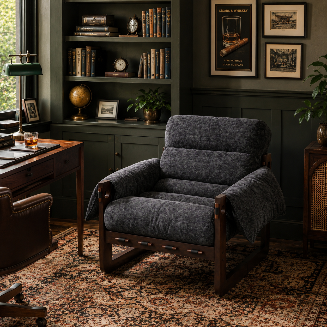 Ravena Chenille Modern Rustic Rubberwood Lounge Chair with Removable Armrests