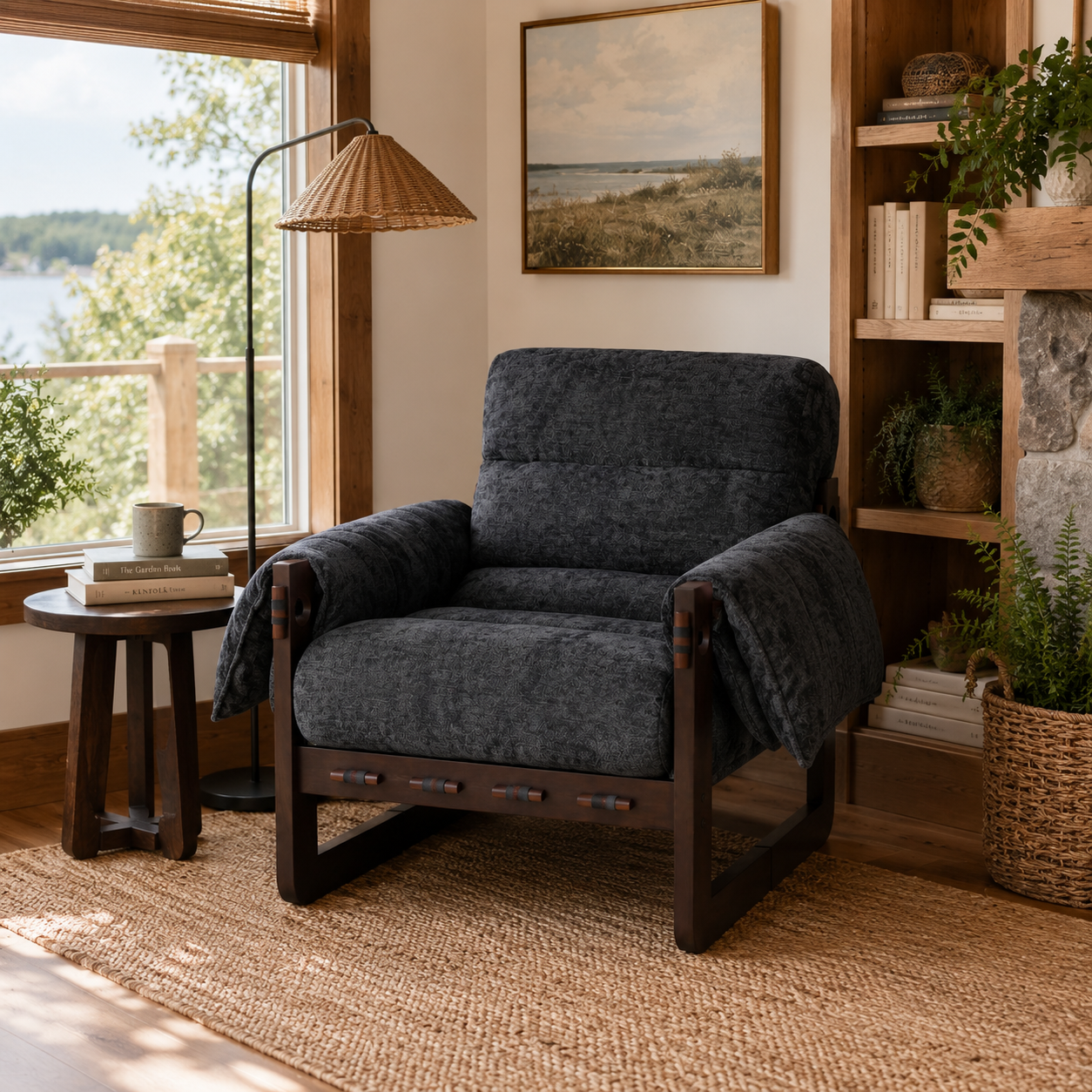 Ravena Chenille Modern Rustic Rubberwood Lounge Chair with Removable Armrests