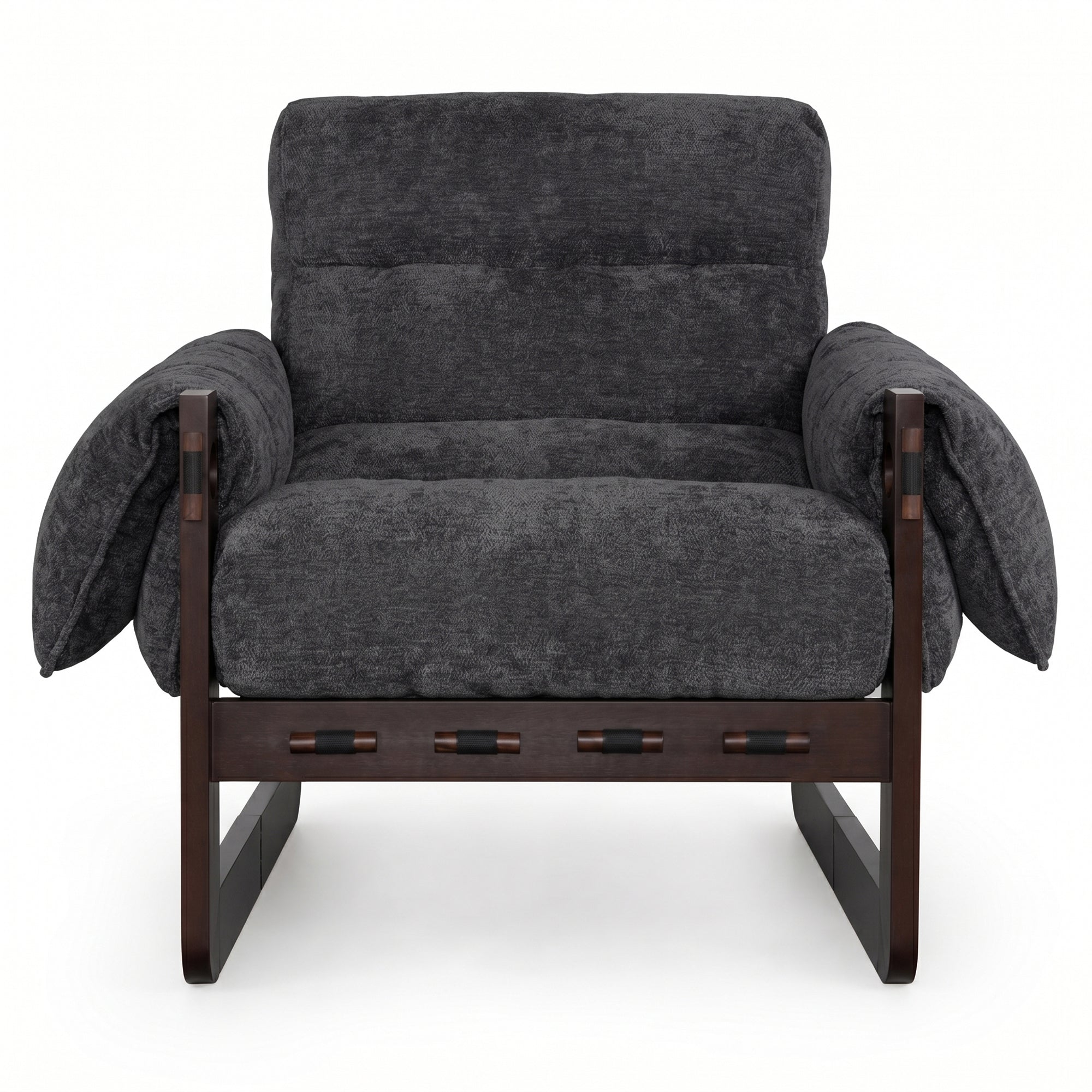 Ravena Chenille Modern Rustic Rubberwood Lounge Chair with Removable Armrests