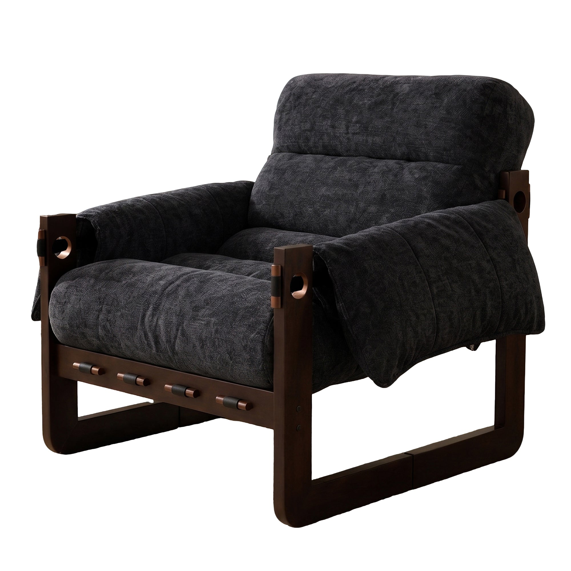 Ravena Chenille Modern Rustic Rubberwood Lounge Chair with Removable Armrests