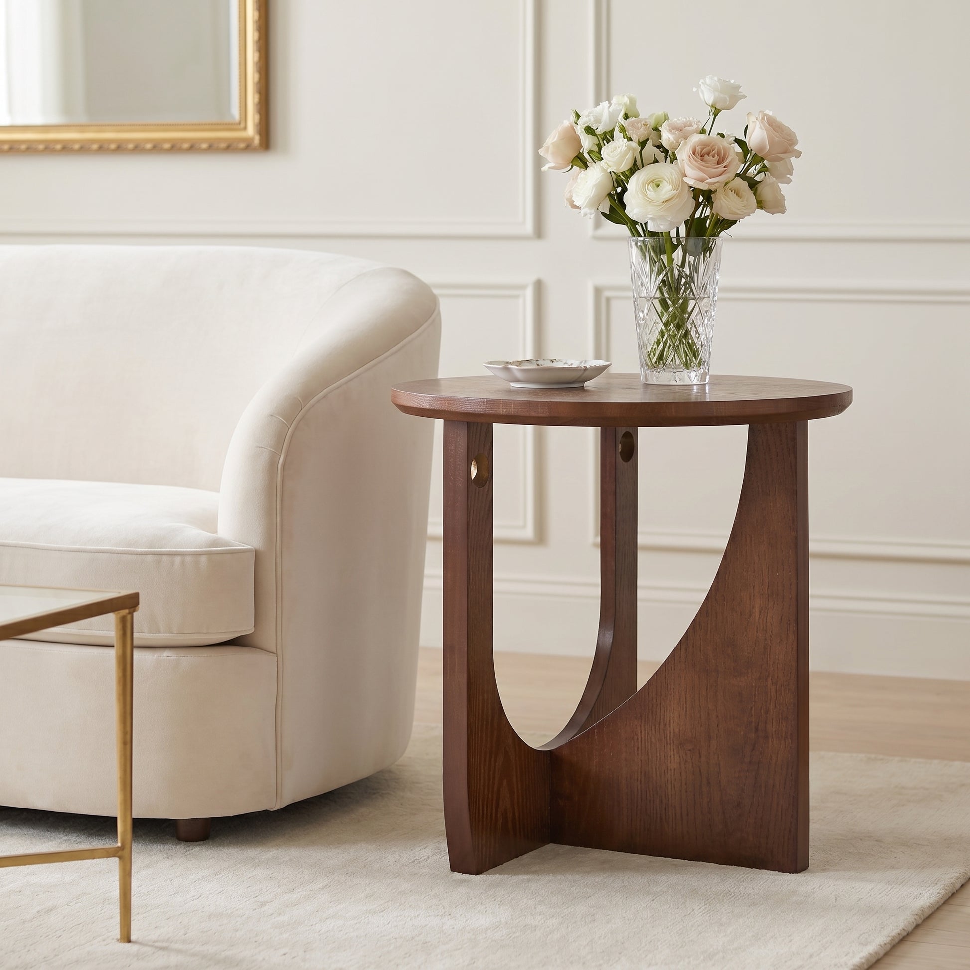 Ravon walnut end table showing tabletop styling in a living room