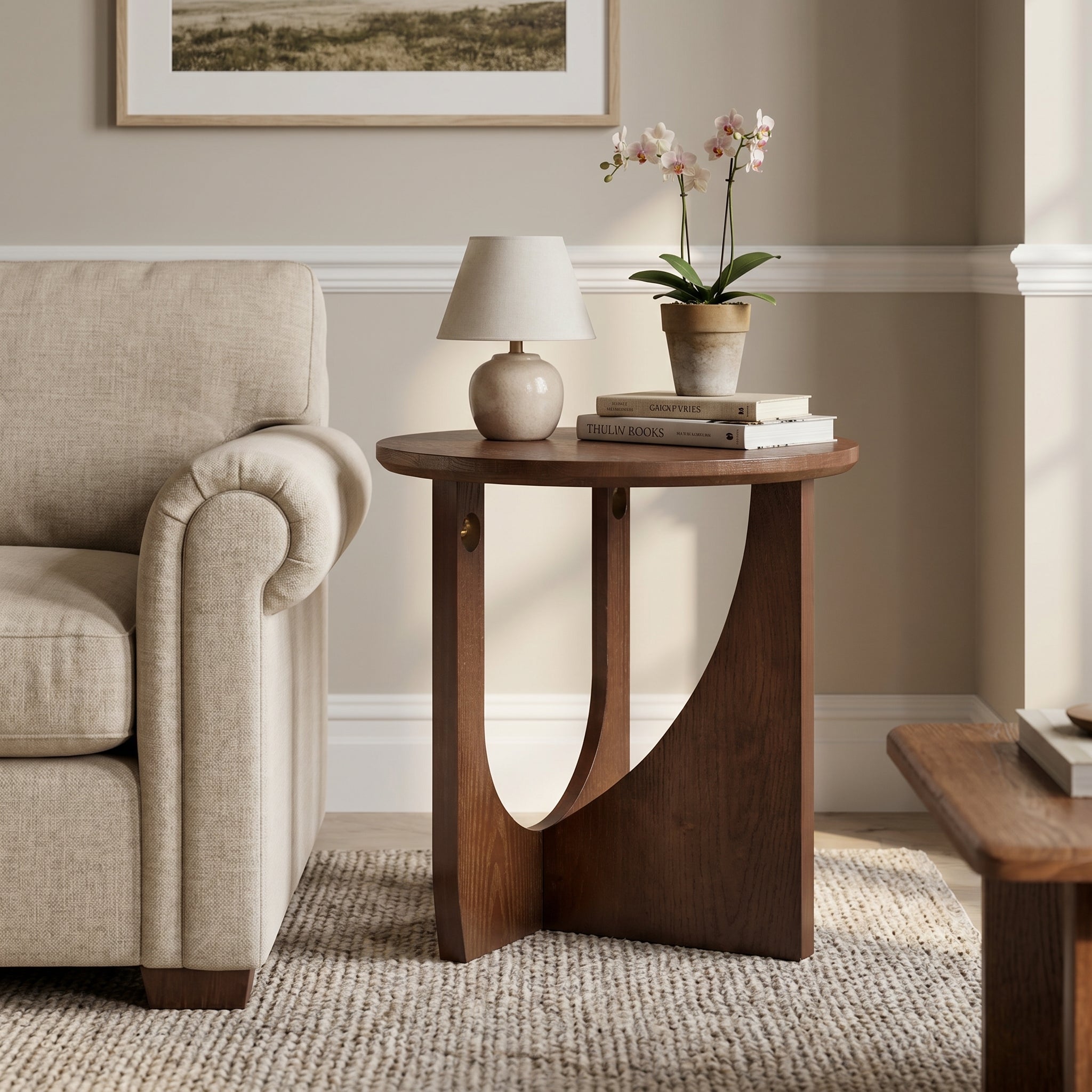 Ravon walnut end table showing front view beside a sofa