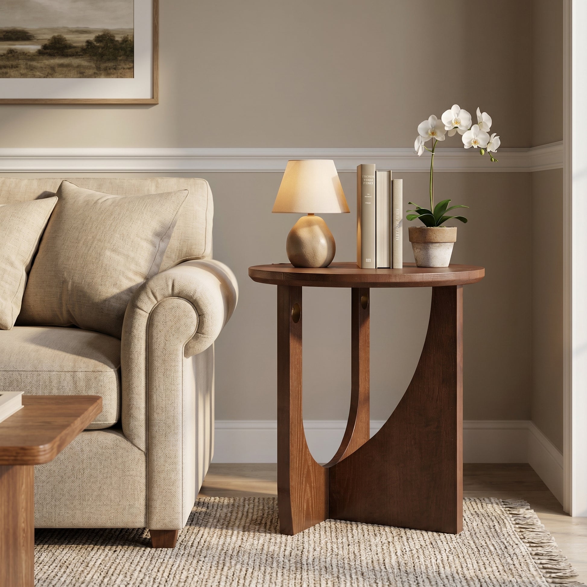 Ravon walnut end table showing side placement in a living room