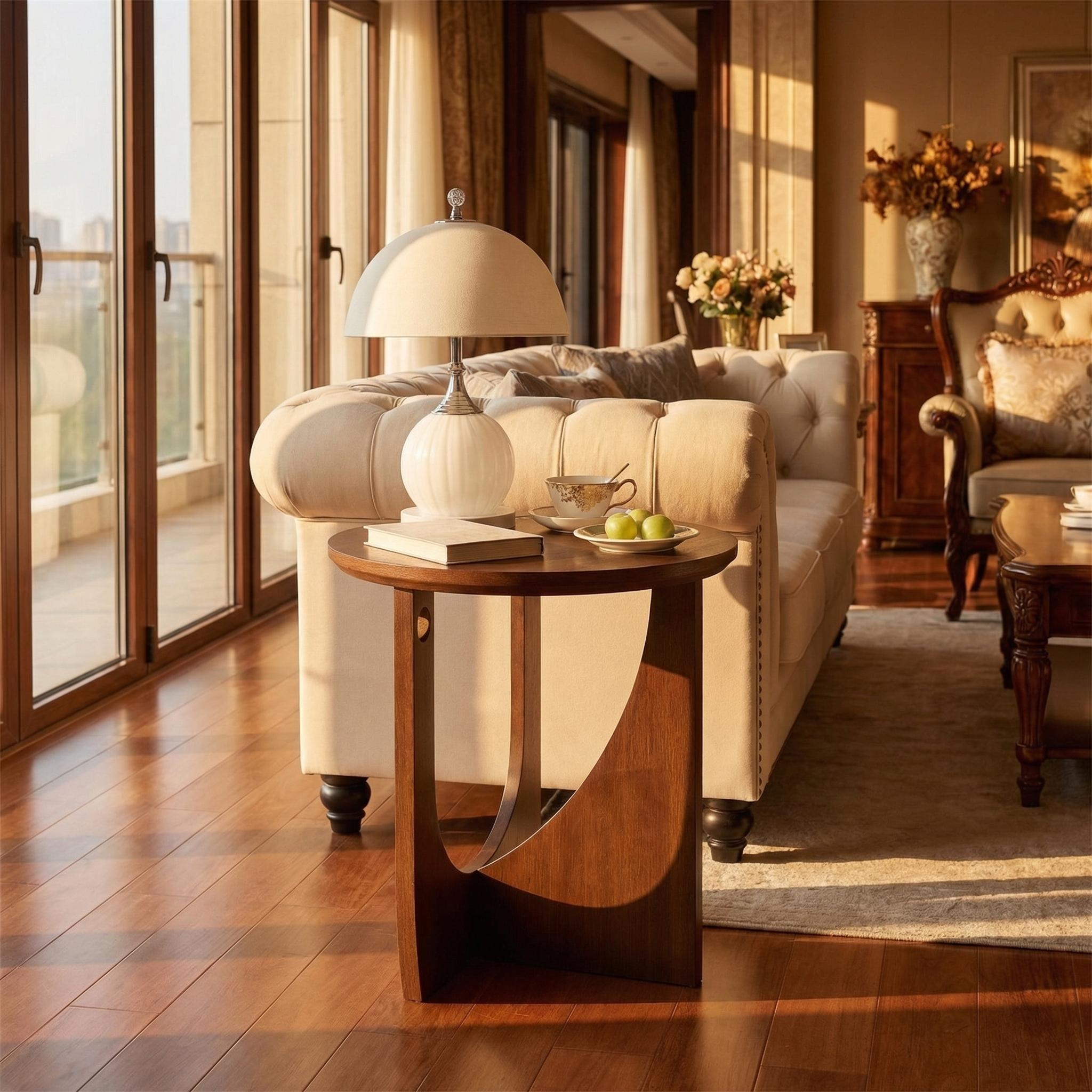 Ravon walnut end table showing accent table placement by a lounge chair