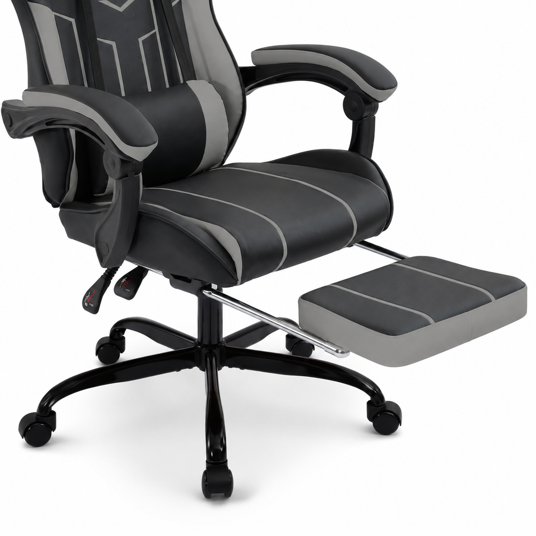 Rigel black gaming chair showing retractable footrest detail