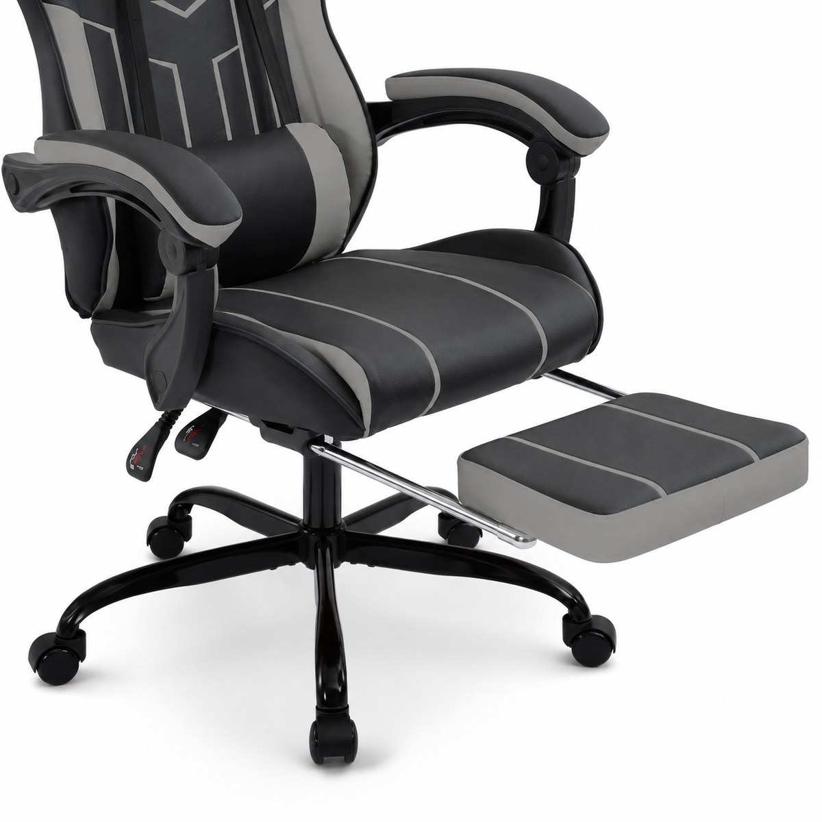 Rigel black gaming chair showing retractable footrest detail