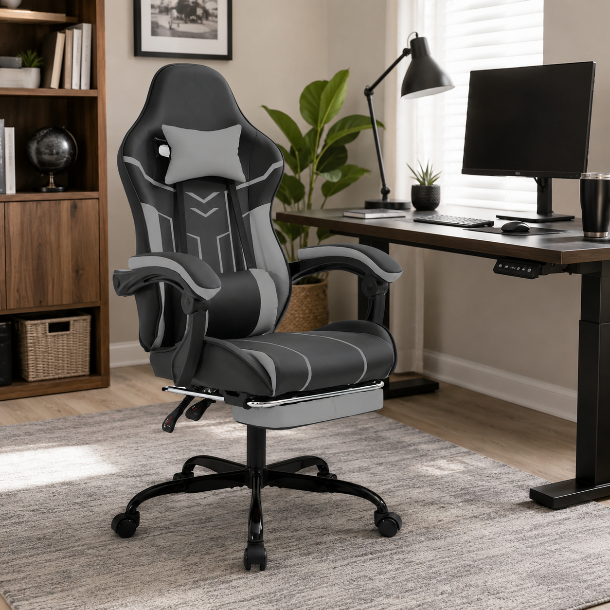 Rigel black ergonomic gaming chair with lumbar cushion and footrest in a modern home office