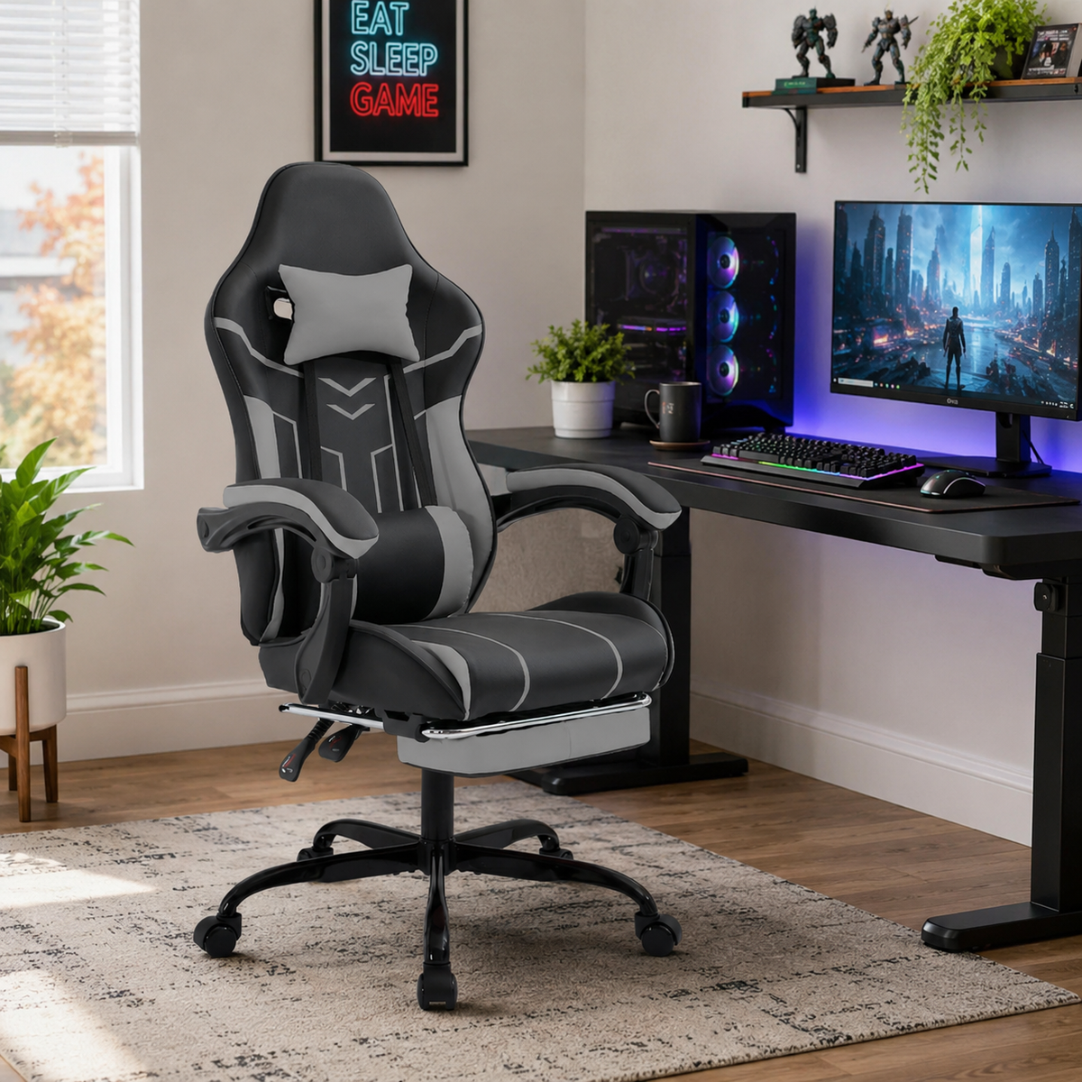 Rigel black ergonomic gaming chair in a gaming room with dual monitors and blue lighting
