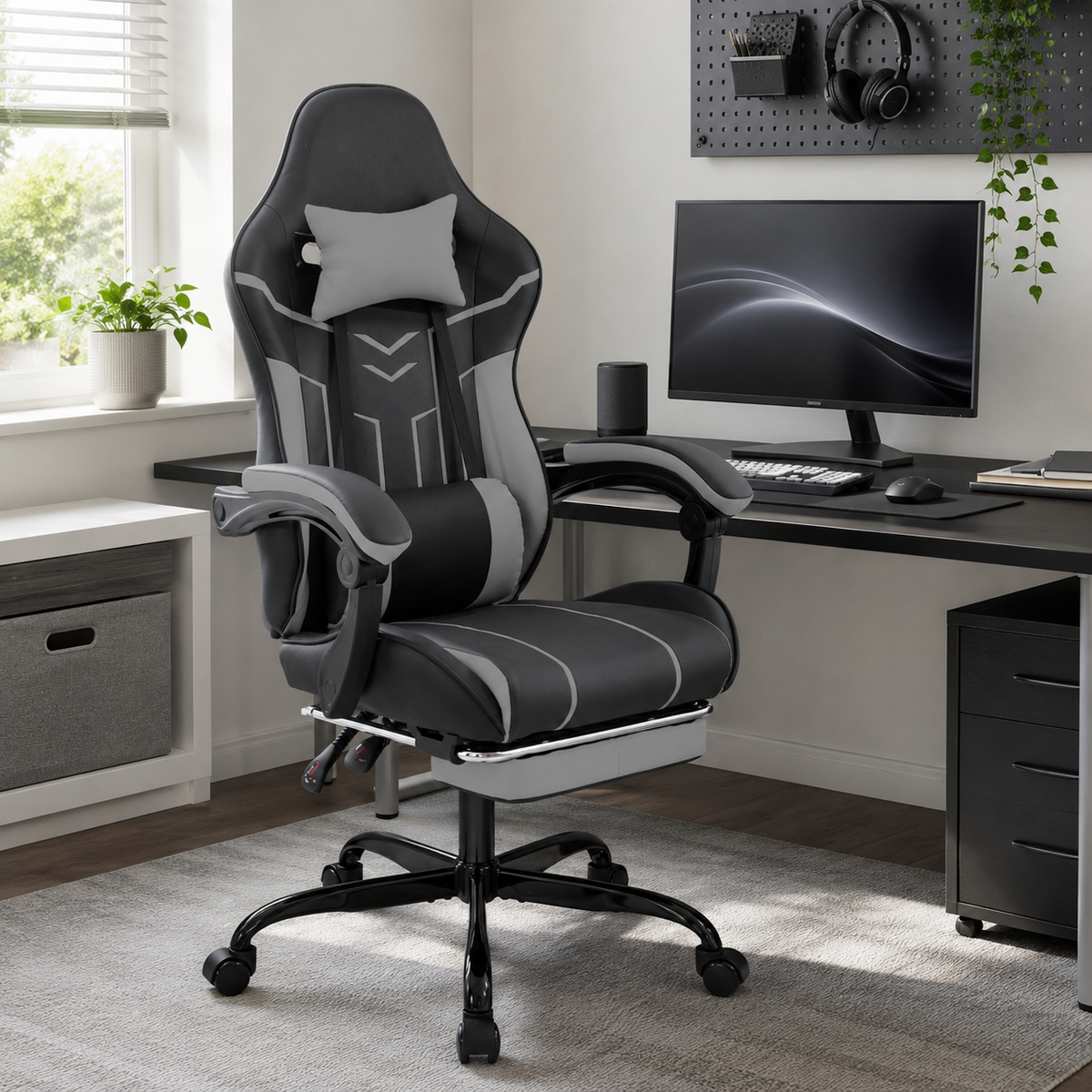 Rigel black gaming chair with lumbar support in a modern desk and monitor setup