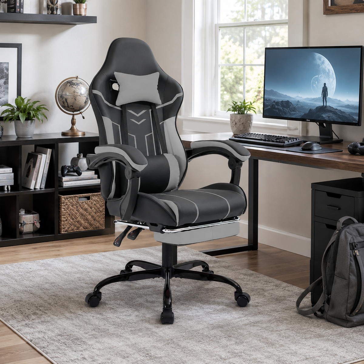 Rigel black ergonomic gaming chair beside a computer desk in a contemporary gaming room