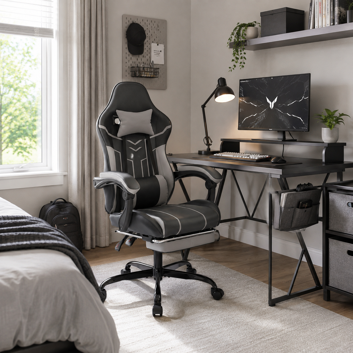 Rigel black gaming chair with footrest in a compact gaming and home office setup
