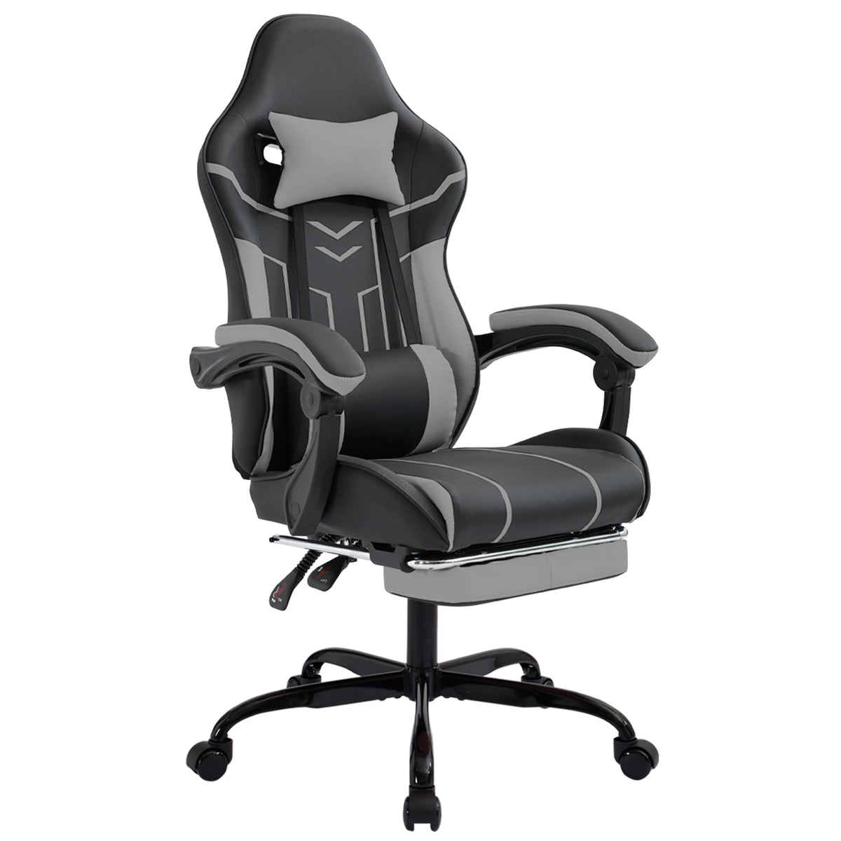 Rigel black gaming chair front angled view with lumbar cushion on white background