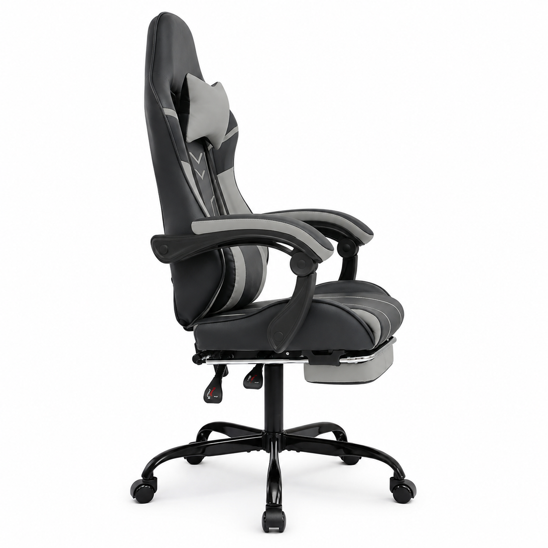 Rigel black ergonomic gaming chair side view with padded backrest on white background