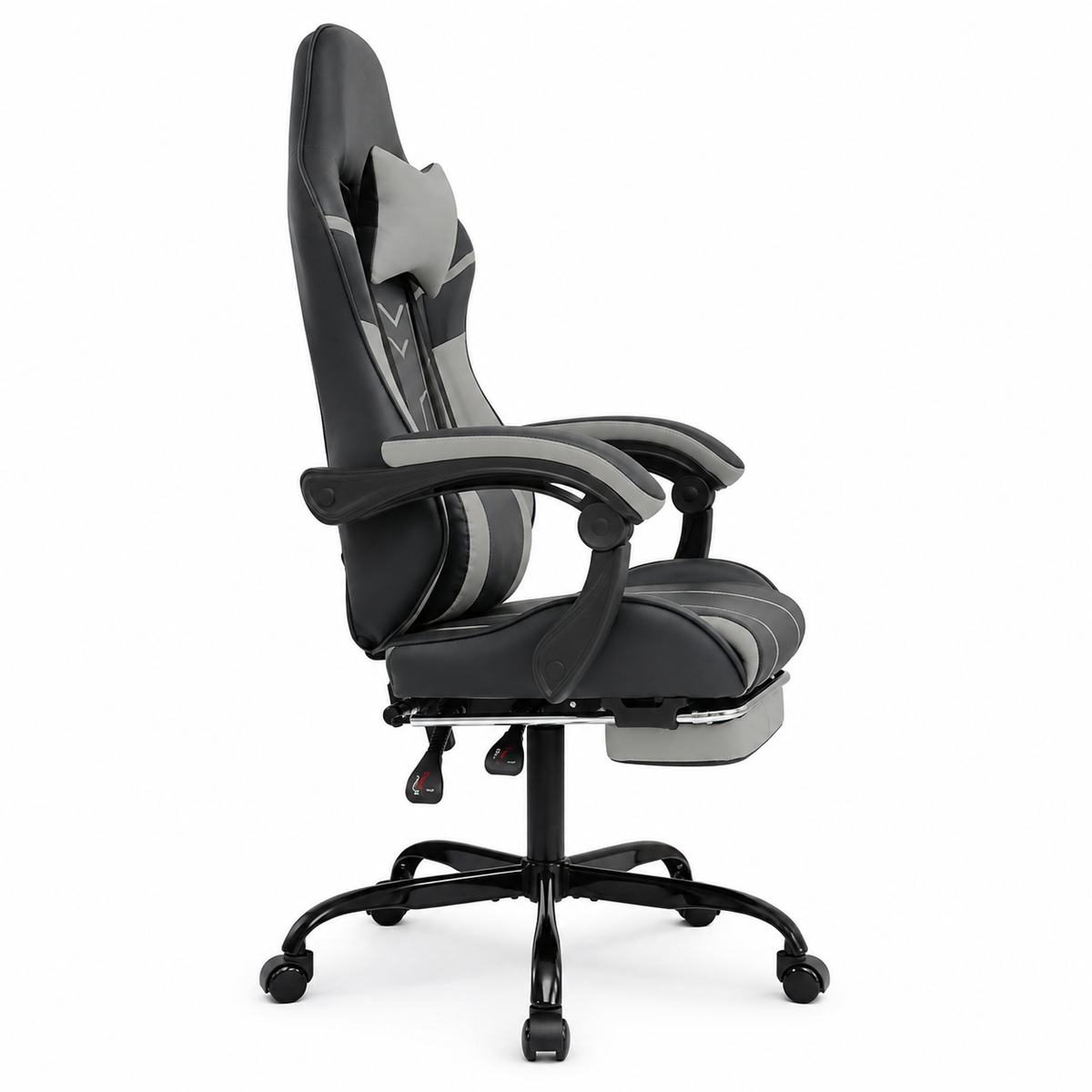 Rigel black ergonomic gaming chair side view with padded backrest on white background