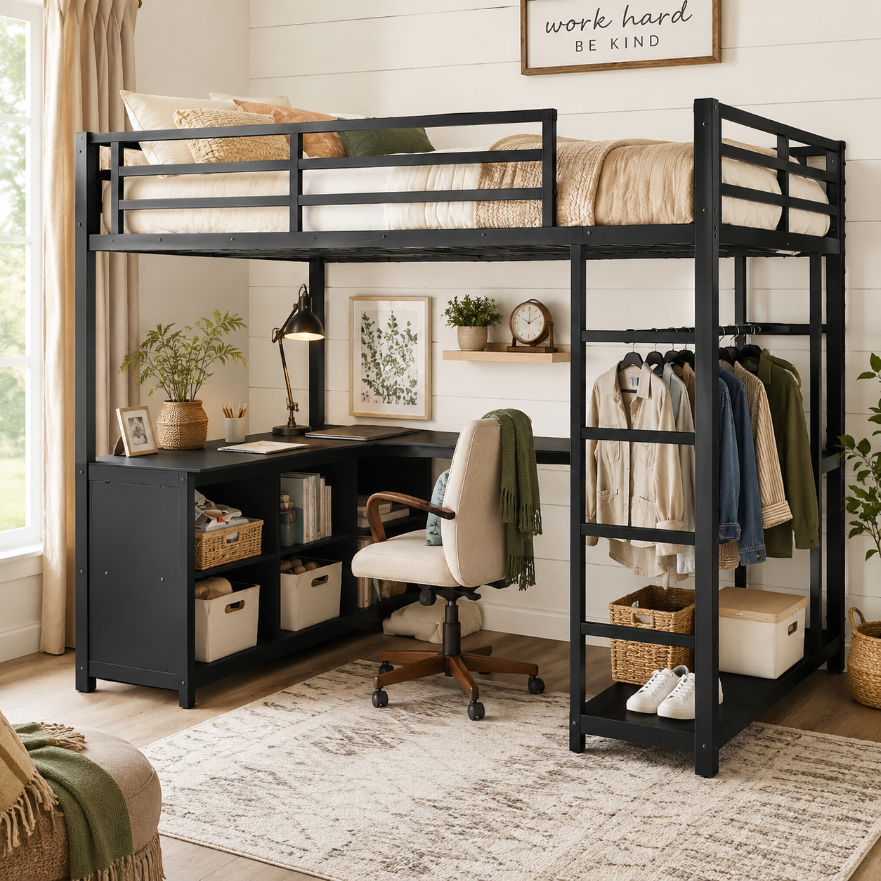Rilven black loft bed showing a corner desk cubby storage and open clothes rack in a modern bedroom