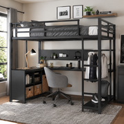 Rilven black twin XL metal loft bed with corner desk clothes rack and cubby storage in a modern bedroom
