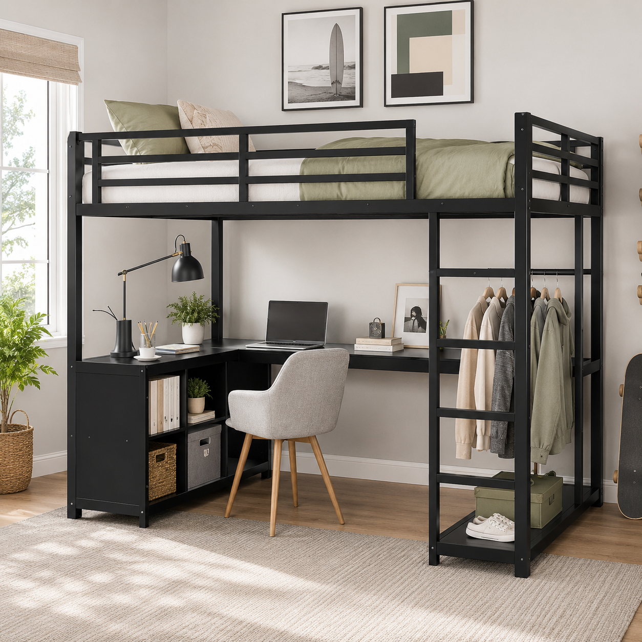 Rilven black loft bed showing a twin size loft bed with corner desk clothes rack and cubby storage in a bright bedroom