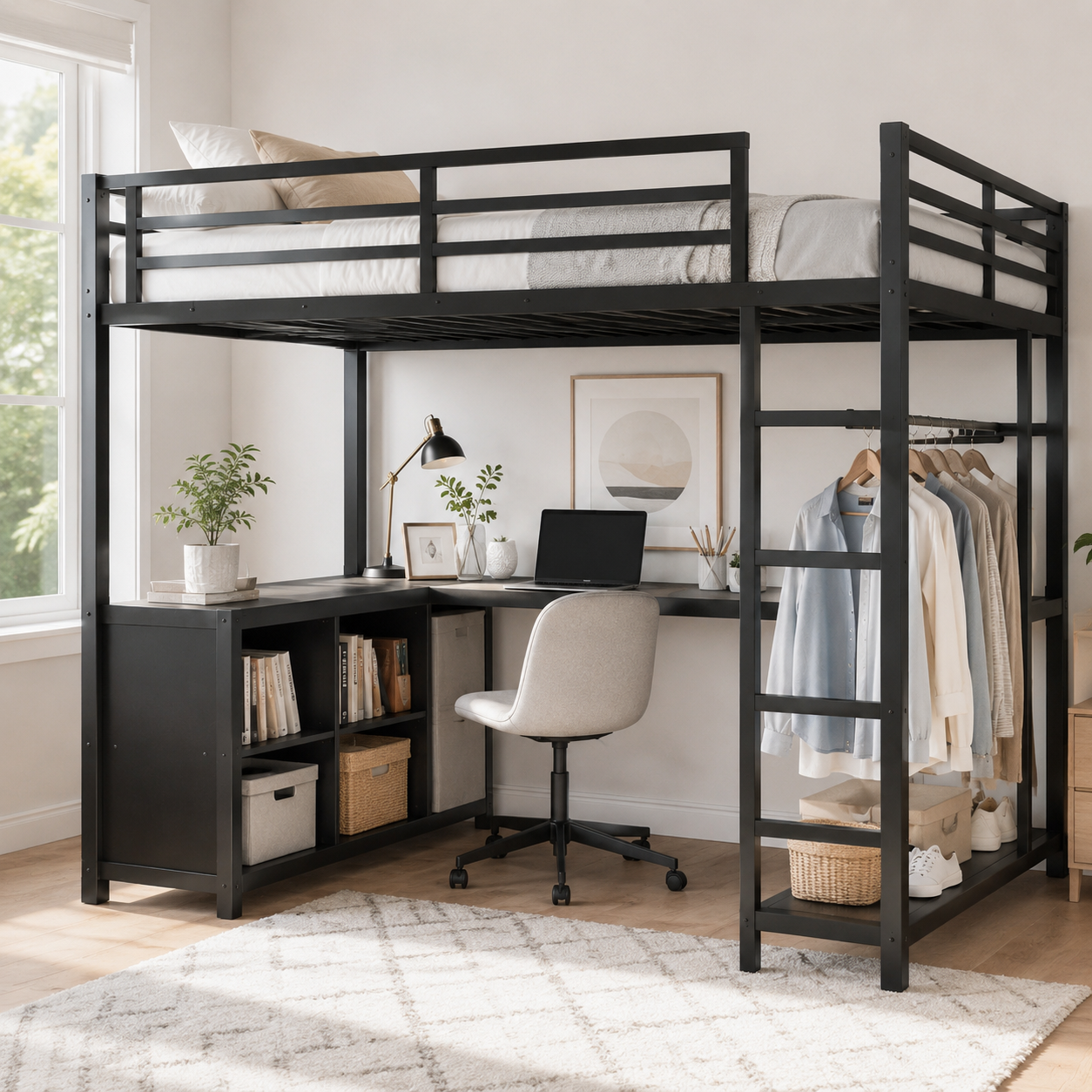 Rilven black full size metal loft bed with corner desk clothes rack and cubby storage in a modern bedroom