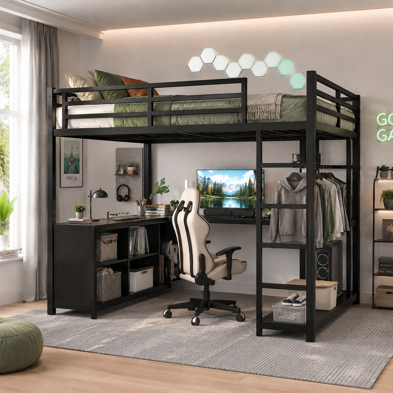 Rilven black loft bed showing an organized workspace with desk shelving and hanging clothes storage