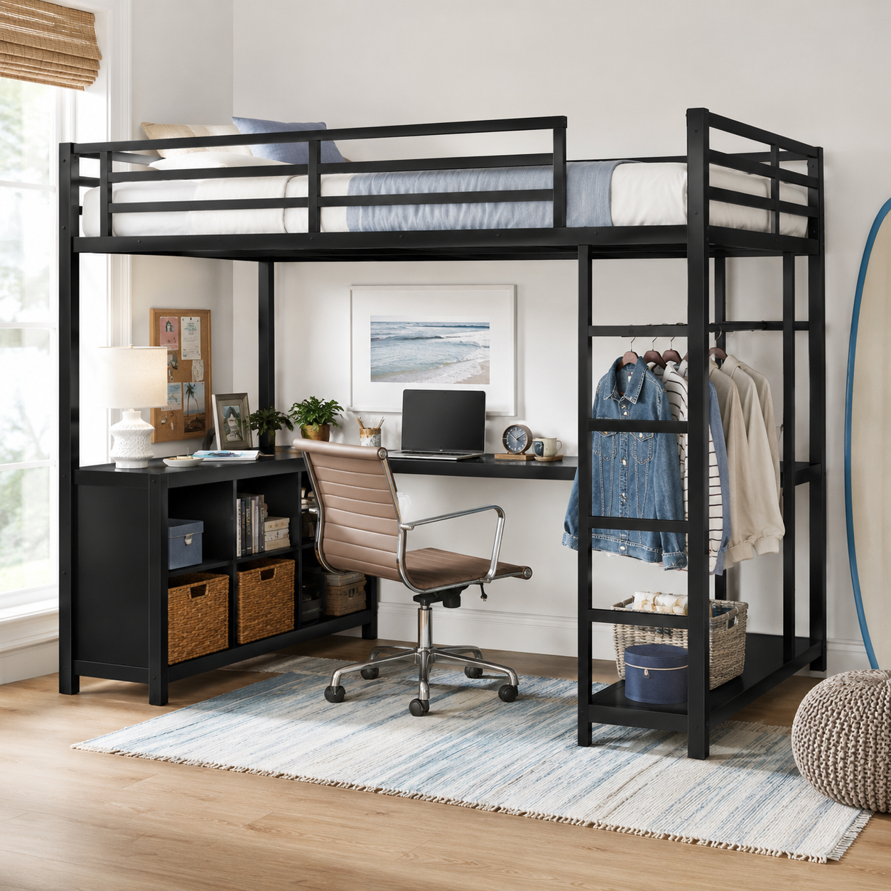 Rilven black twin XL metal loft bed with desk and storage in a bright home workspace