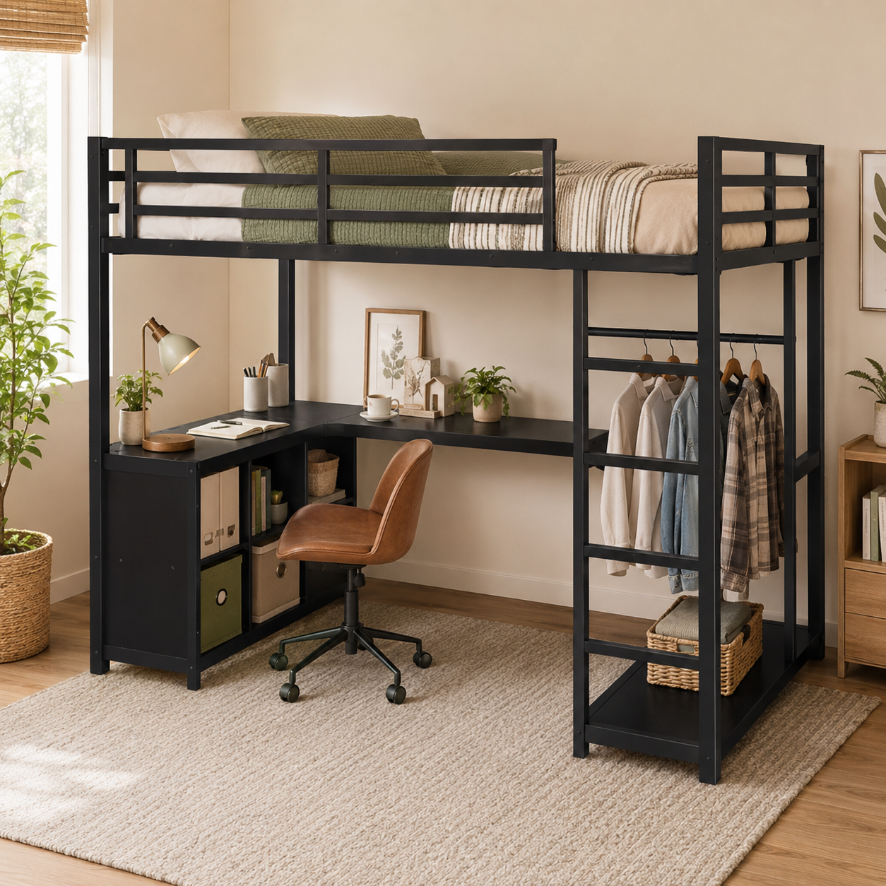 Rilven black loft bed showing an angled bedroom setup with corner desk cubby storage and clothes rack