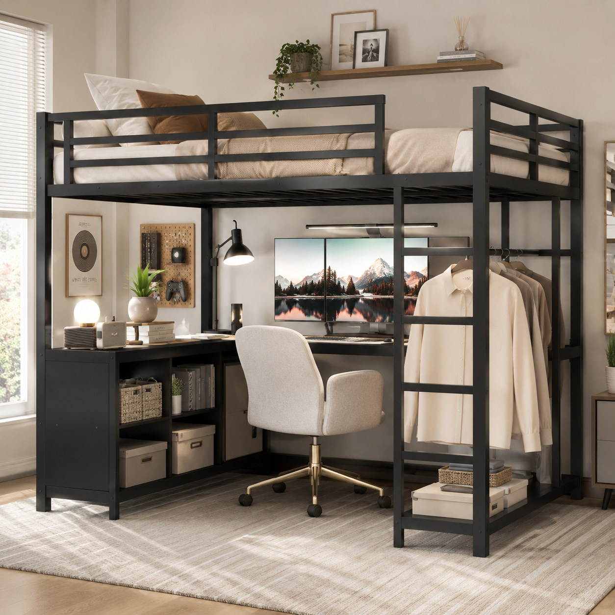 Rilven black full size metal loft bed with desk and storage in a bright home workspace