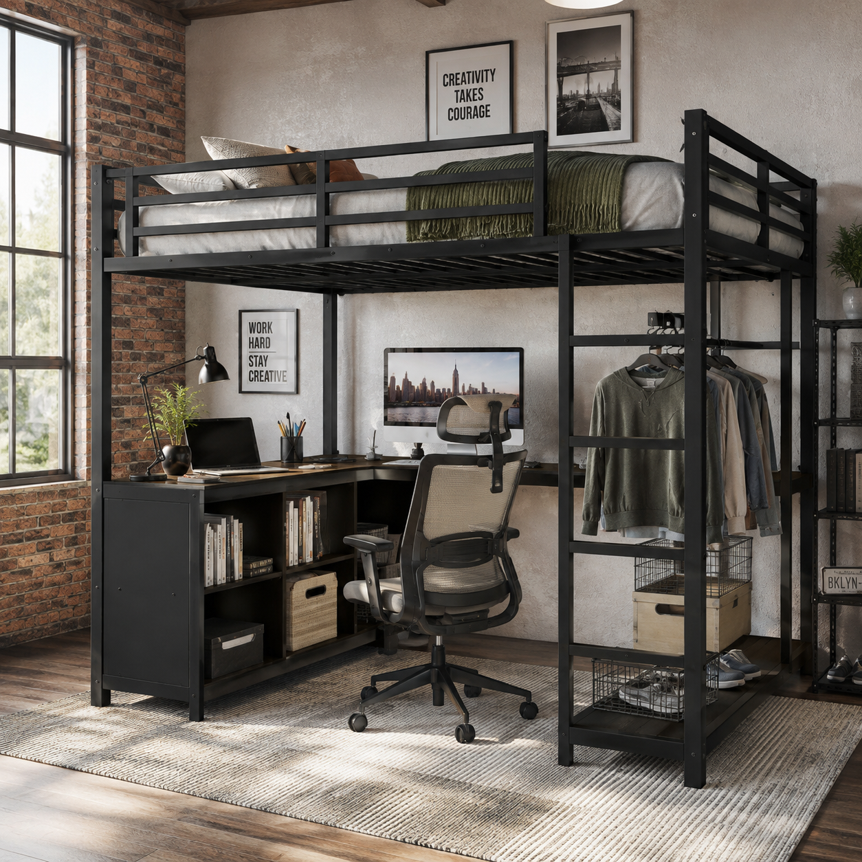 Rilven black loft bed showing a queen loft setup with corner desk cubbies and clothes rack