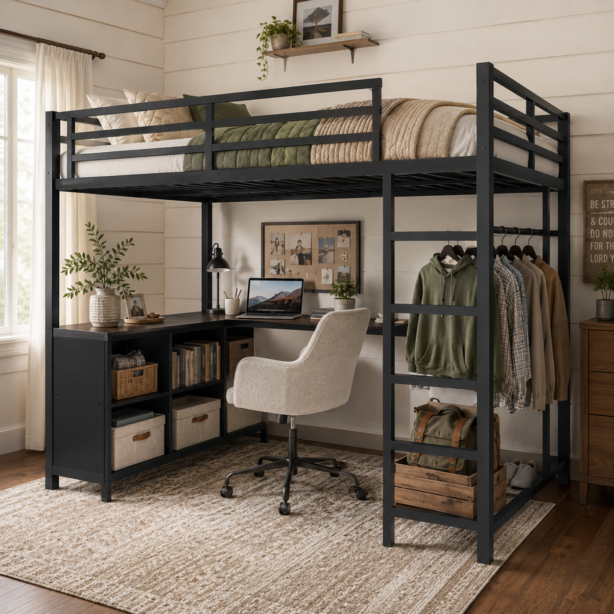 Rilven black twin XL loft bed with corner desk and clothes rack in a warm bedroom