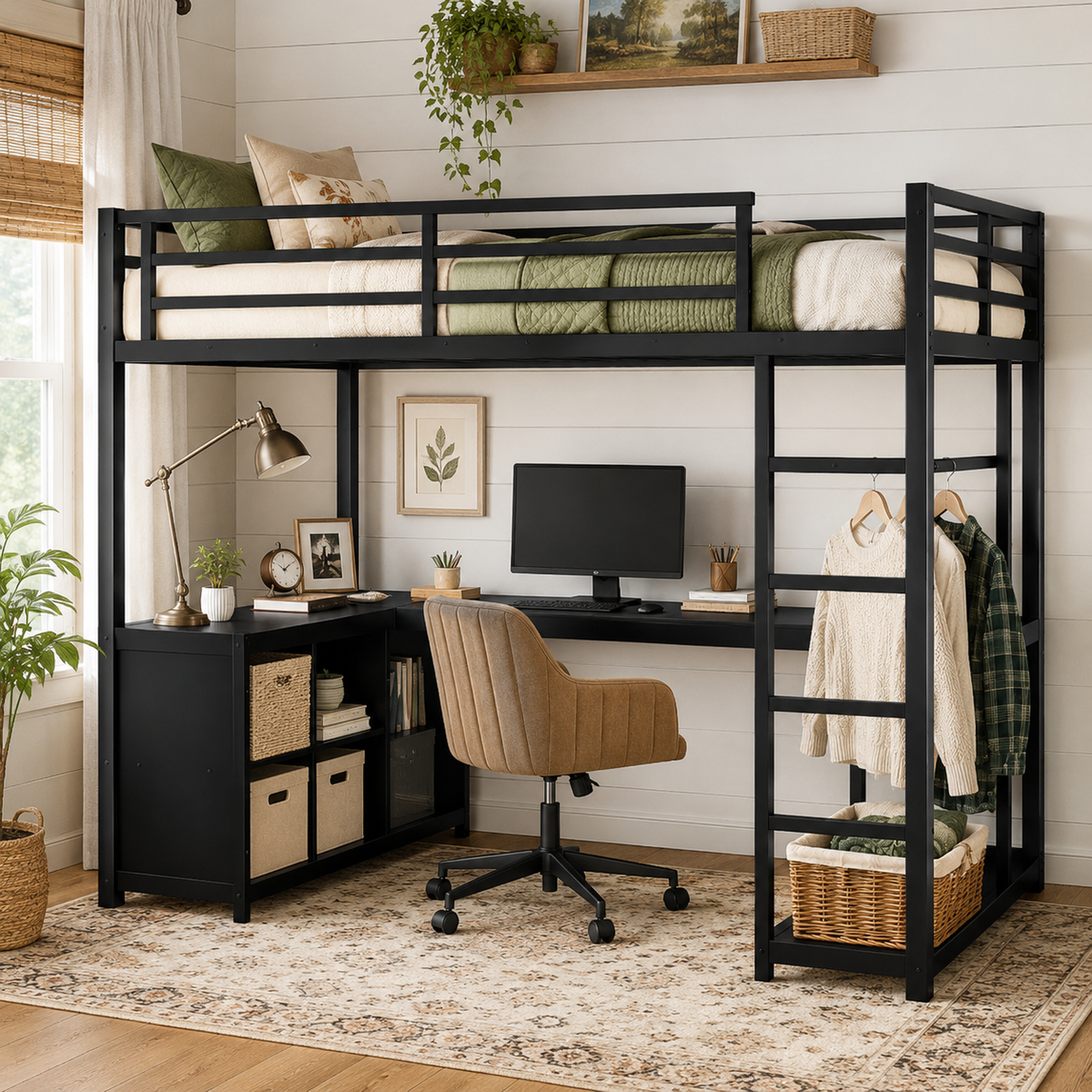 Rilven black loft bed showing a workspace beneath the bed with corner desk open cubbies and hanging storage