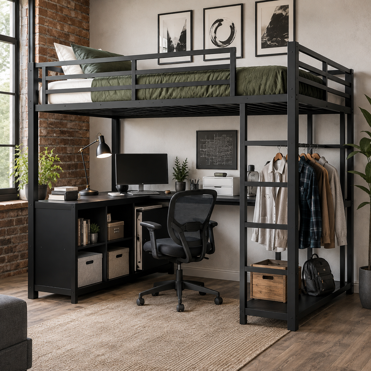 Rilven black full size loft bed with corner desk and clothes rack in a warm bedroom