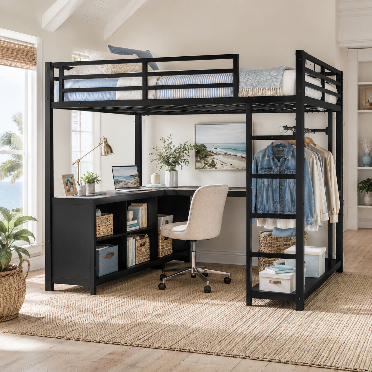 Rilven black loft bed showing a home workspace with corner desk shelving and open storage