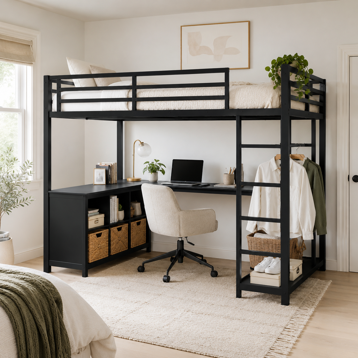 Rilven black twin XL metal loft bed with underbed workspace in a cozy modern room