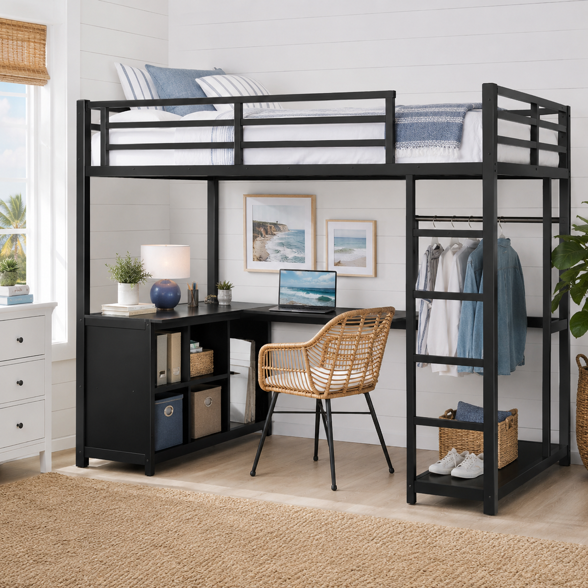 Rilven black loft bed showing a twin loft bed with desk and clothes rack in a modern bedroom
