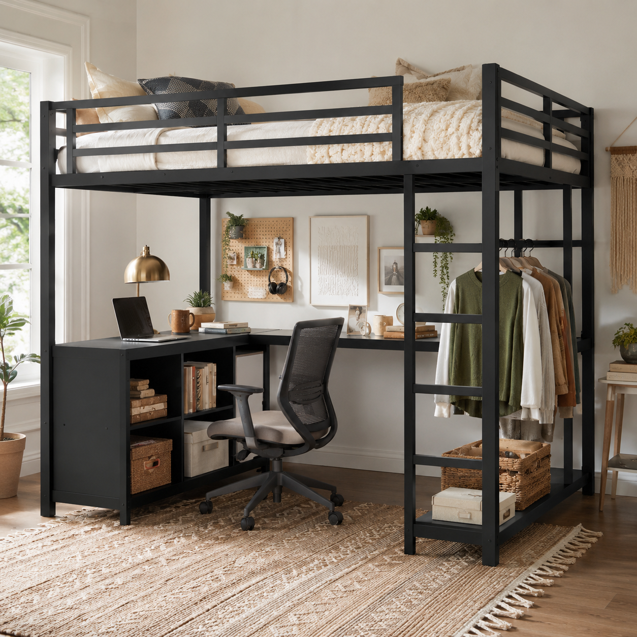 Rilven black full size metal loft bed with underbed workspace in a cozy modern room
