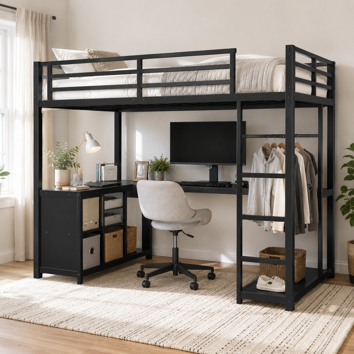 Rilven black loft bed showing a side room view with corner desk cubby storage and clothes rack