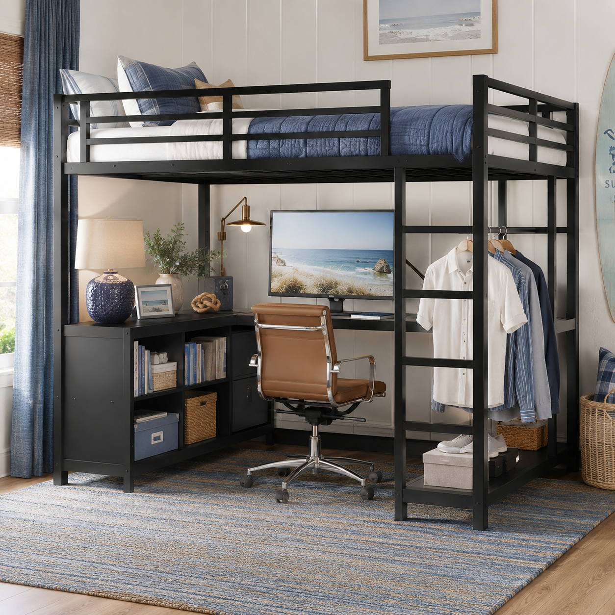 Rilven black full size metal loft bed with underbed workspace in a cozy modern room