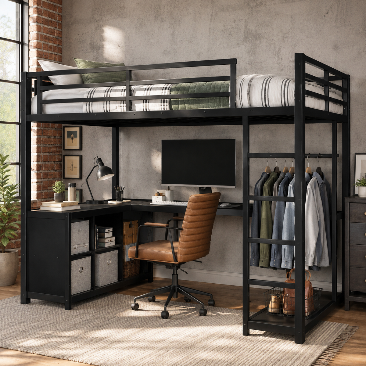 Rilven black loft bed showing an additional room view with desk workspace and open hanging storage