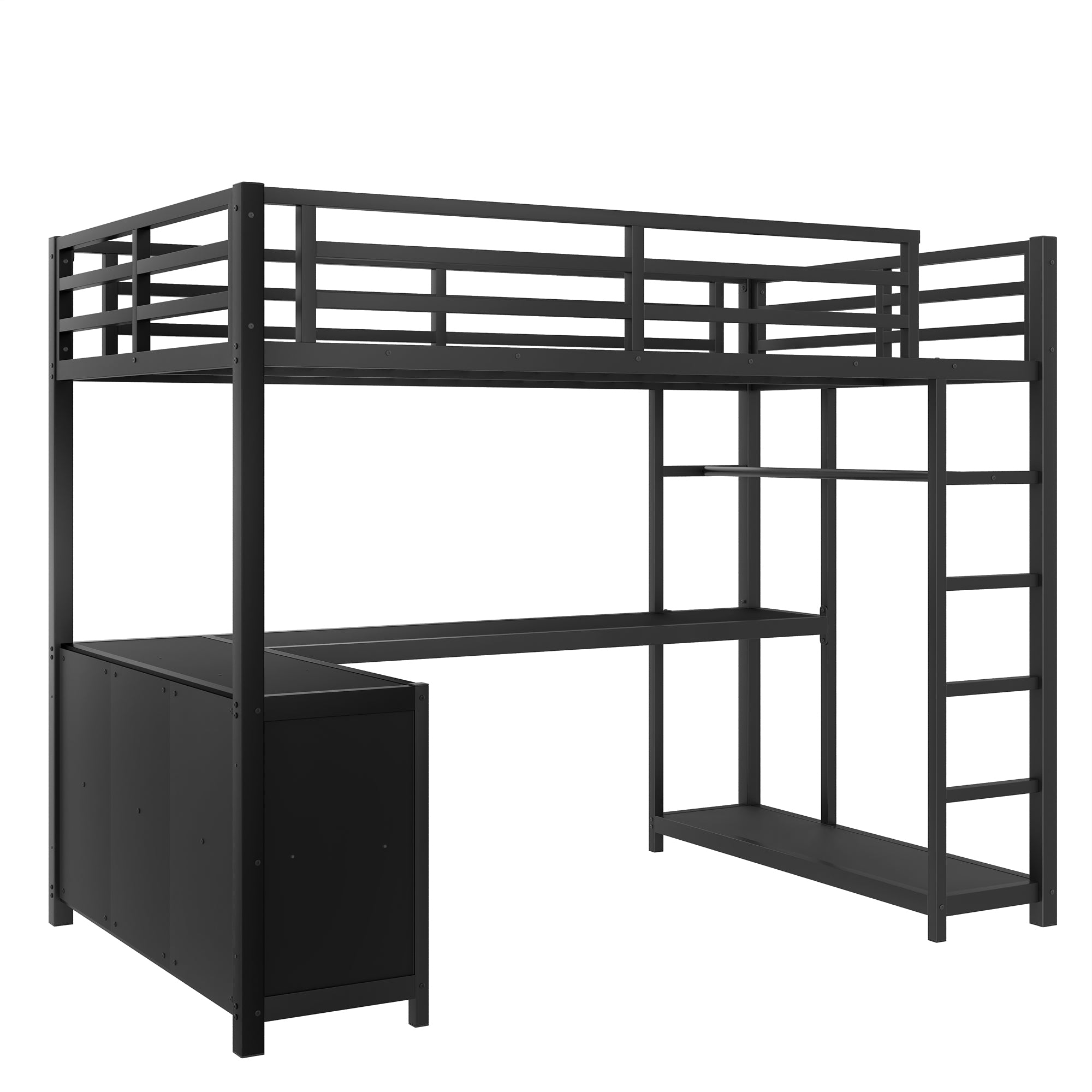 Rilven black twin XL metal loft bed front view with desk and storage cabinet on white background