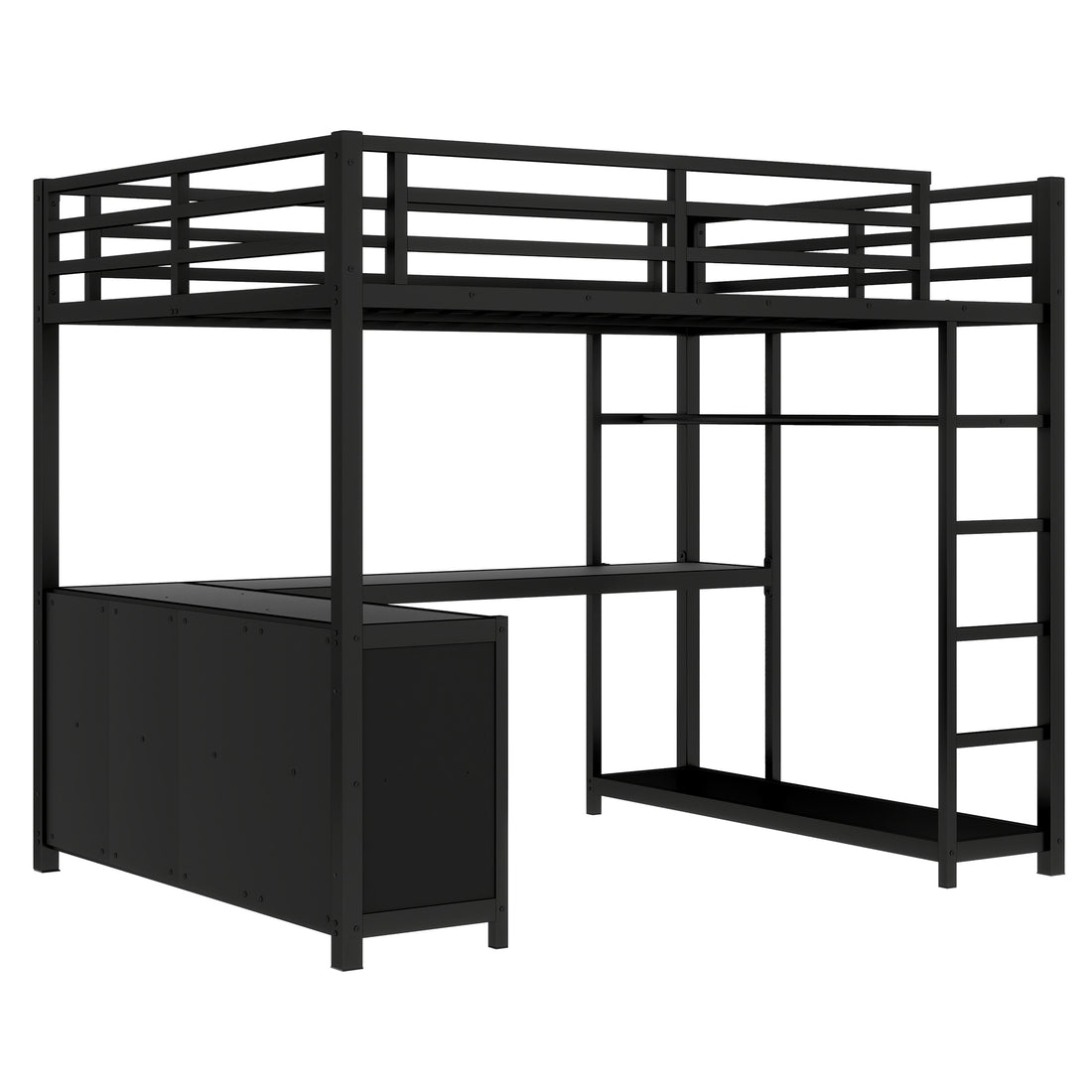 Rilven black full size metal loft bed angled view with ladder and clothes rack on white background
