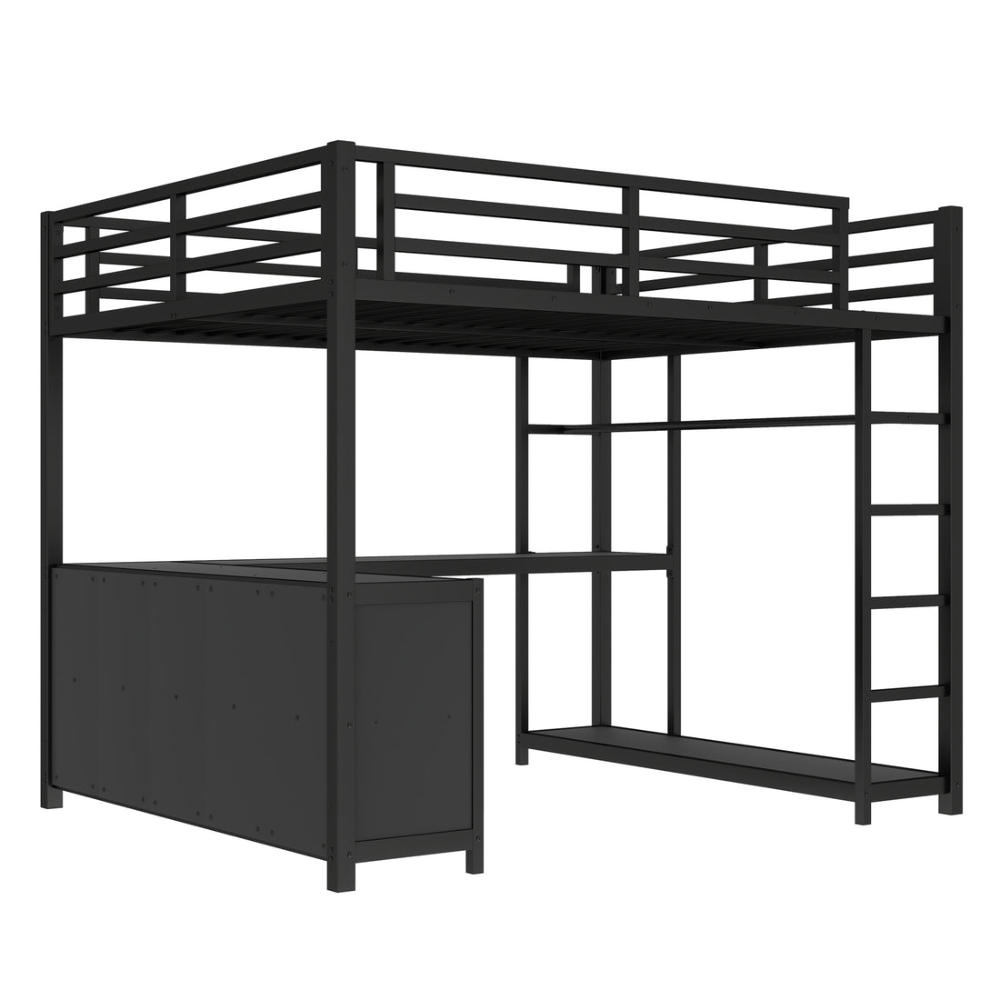Rilven black loft bed showing a side view with ladder clothes rack and cubby storage